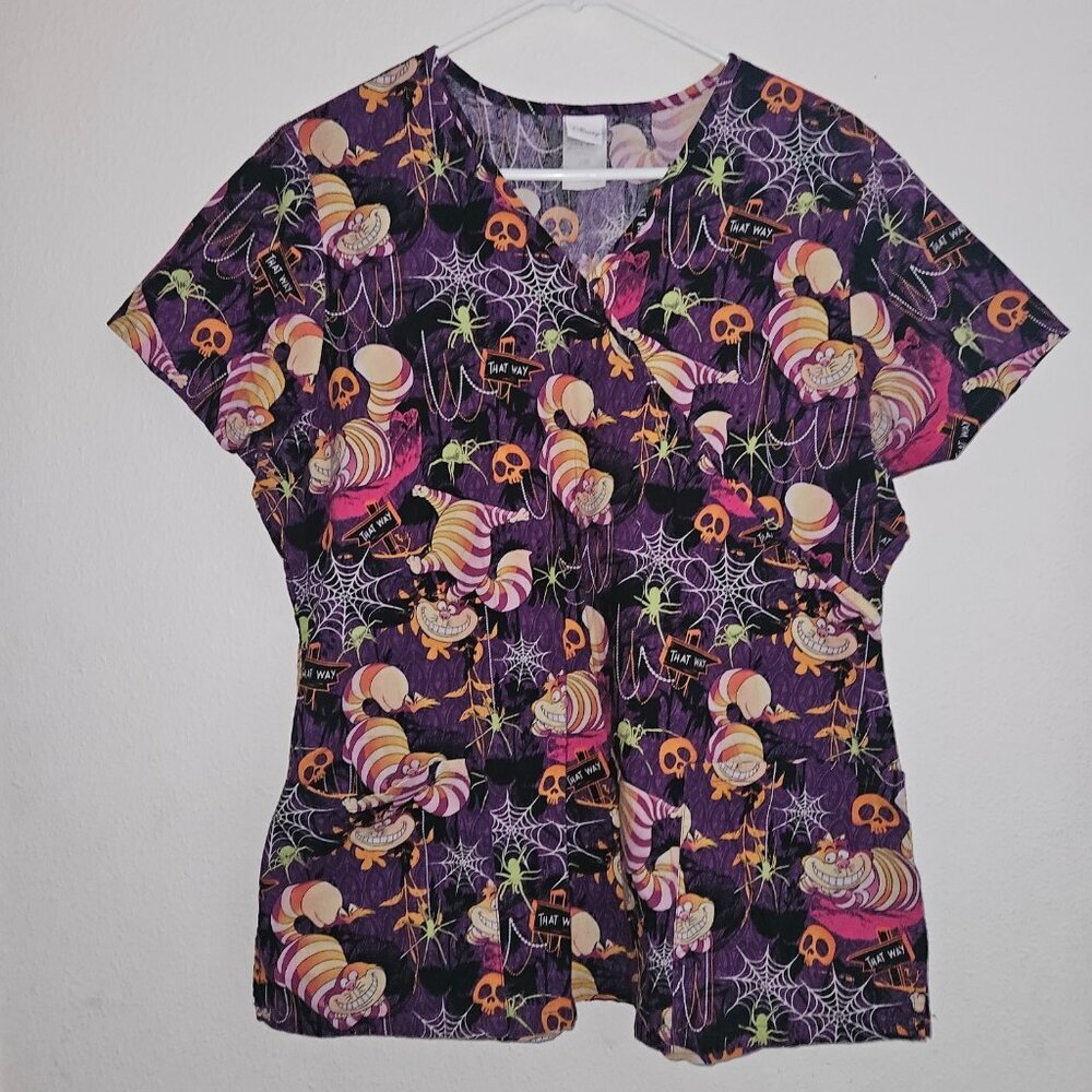 Disney Cheshire Cat Scrubs Top Shirt Large Alice in Wonderland Halloween Purple